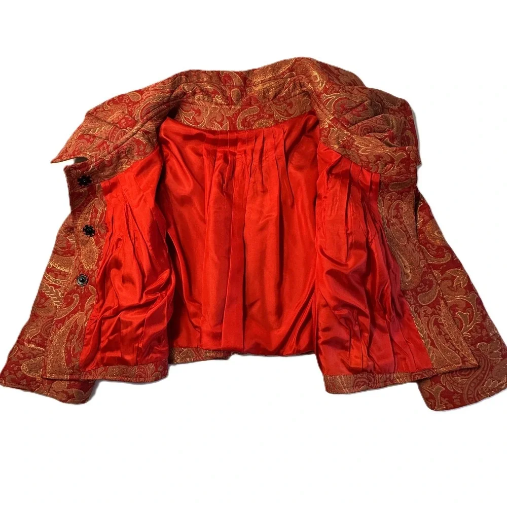 Custom Red Gold Paisley Brocade Jacket Womens Small Blazer Wide Collar Victorian